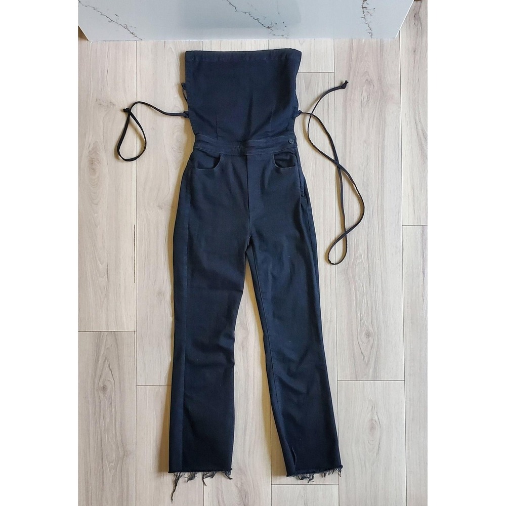 Mother Jumpsuit Womens 23 Black Denim Strapless Lace Up Fringe Hem Stretch Slim - Picture 2 of 6